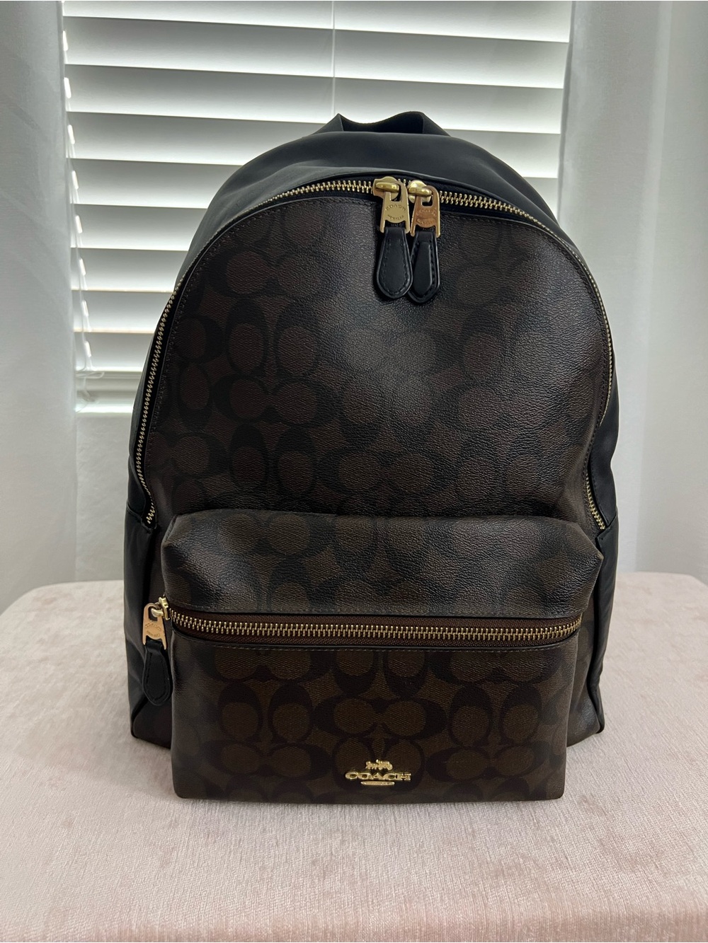 Coach Dark Brown Signature Canvas & Black Trim Backpack with Gold Hardware